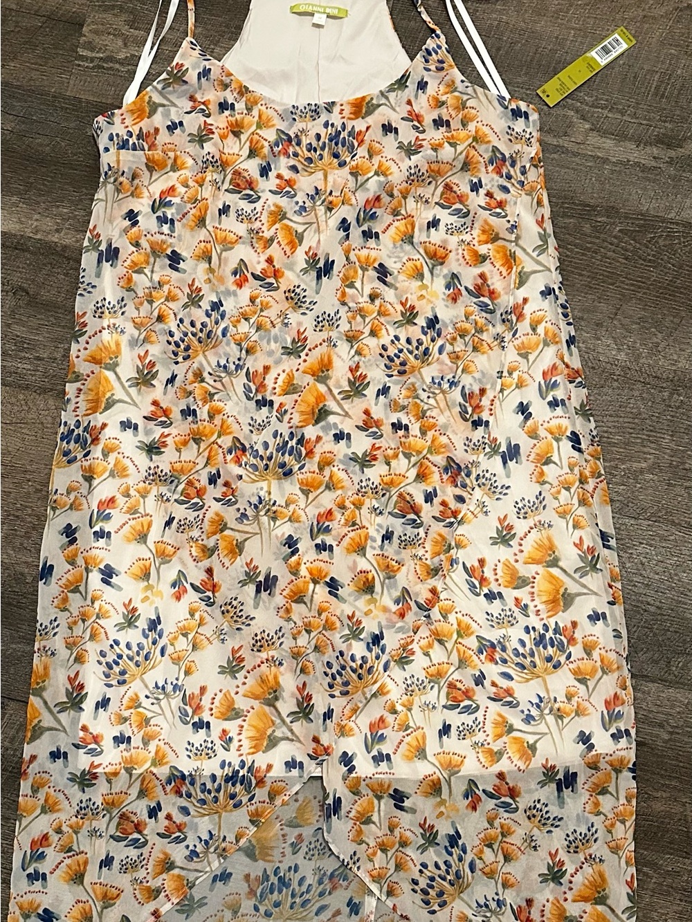 Gianni Bini White Tiered Dress with Yellow & Blue Floral Print